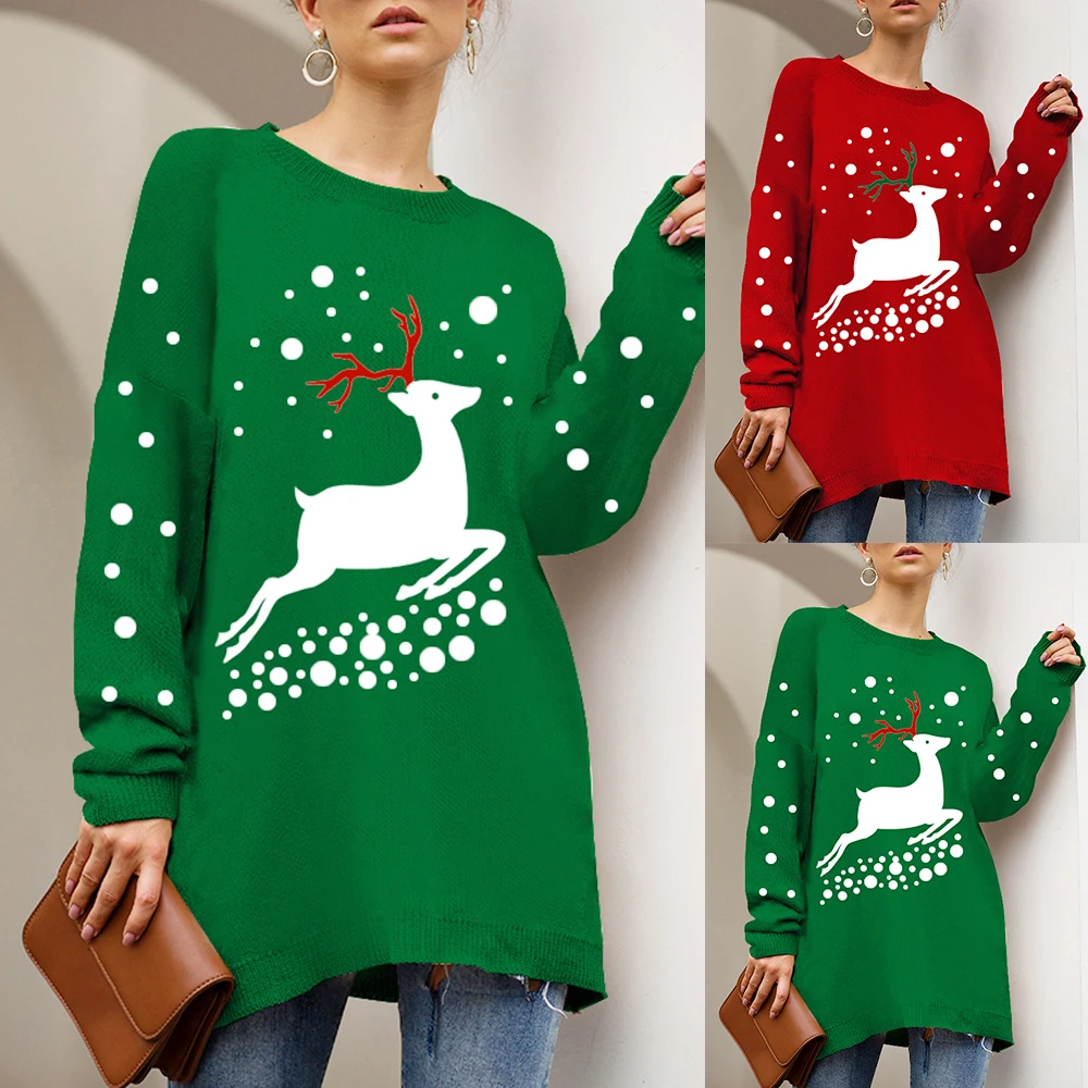 HEFLASHOR 2019 Christmas Women Sweater Jumper Winter Elk Print O-Neck Long Sleeve knitted Pullover Medium long female clothing | Женская