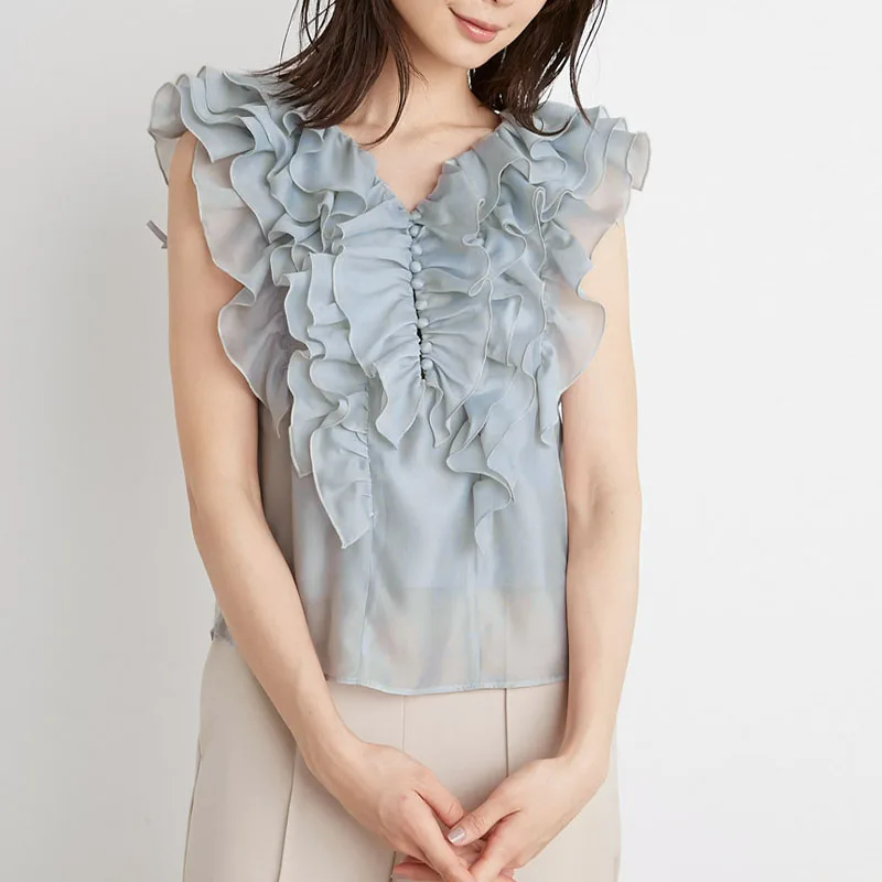 

Summer V Neck Ruffles Sleeveless Blouses Office Lady Tops Women Back Lace Up Elegant Chiffon Solid Shirts Female Blusas 2021 New