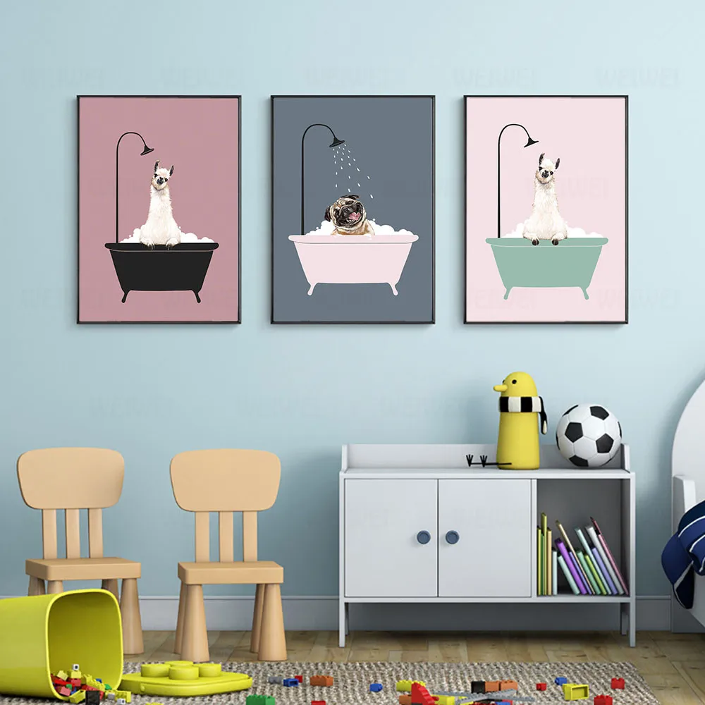 

Nordic Cartoon Style The Lovely Dogs Bathing Minimalism Canvas Painting Posters And Prints Wall Pictures For Living Room Decor