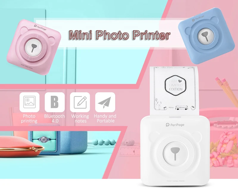 PeriPage Мини Портативный фотопринтер 58 мм Bluetooth фотографии принтер фото наклейка чековый принтер 6 рулонов Этикетка Термобумага