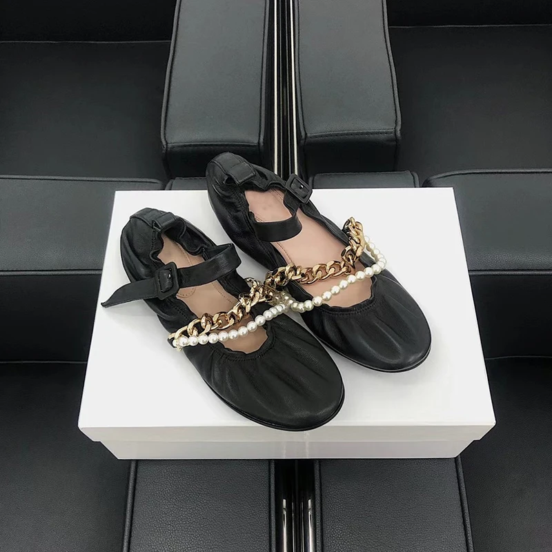 

2021 lovestahl women top quality Black Mary Jane Ballet Flat Shoes with Pearl Chain Decoration Professional Women's Shoes