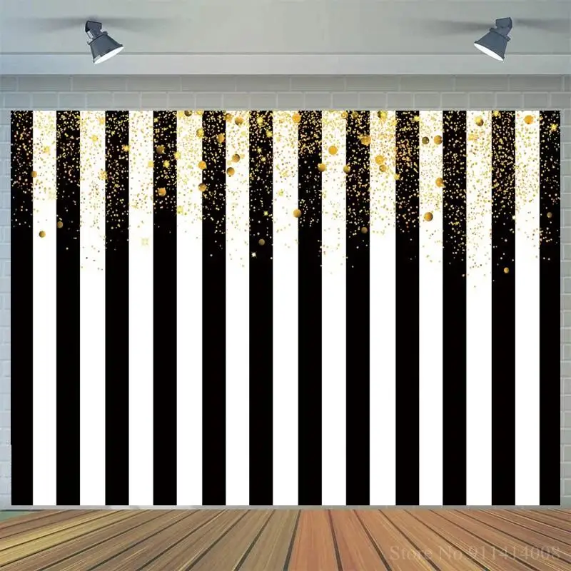 

Black White Striped Golden Glitter Photo Background Women Adult Birthday Family Portrait Photocall Backdrops Photography