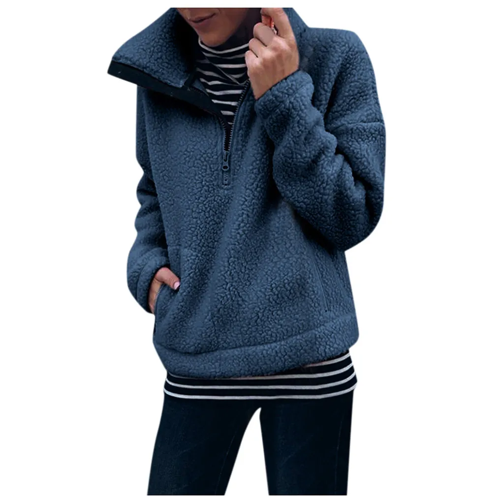 

Fashion hipster long-sleeved plush warm sweater coat Women Winter Casual Solid Color Stand Collar Zip Up Pullover Fur
