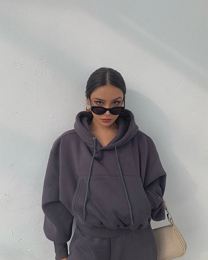 Осенне зимняя серая уличная одежда женские джоггеры пуловер свитшот с капюшоном