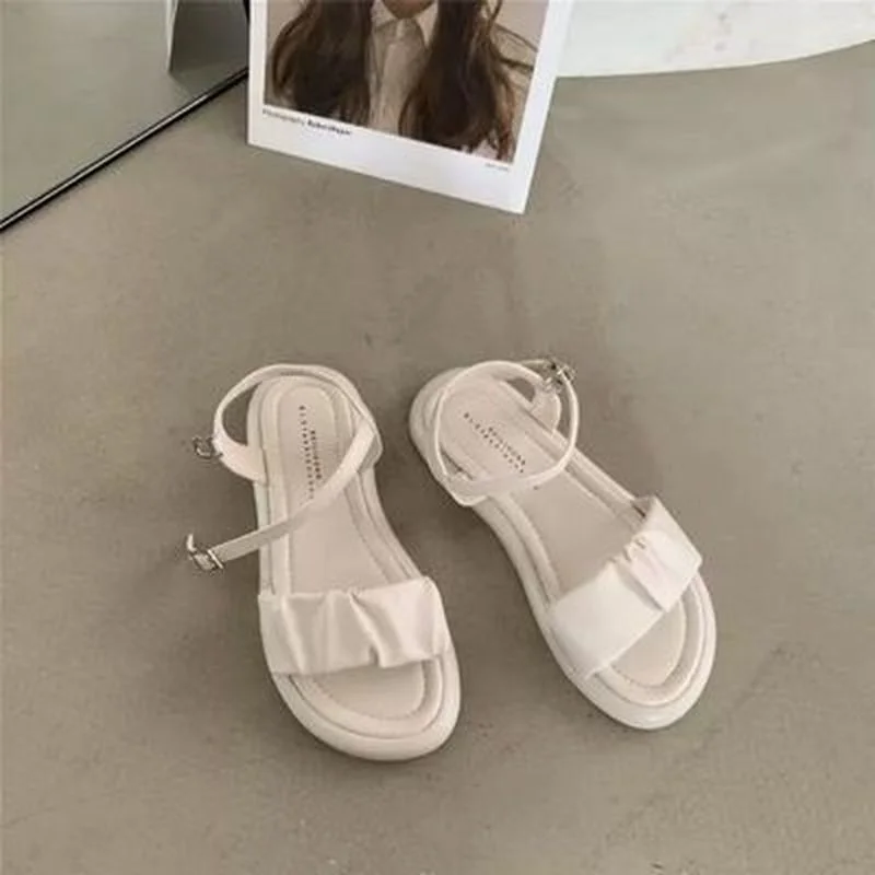 

Summer Ankle Strap Women's Sandals 2021 Fashion Ladies Pleated Female Flats Anti Slip Beach Sandals Footwear Round Toe Comfort