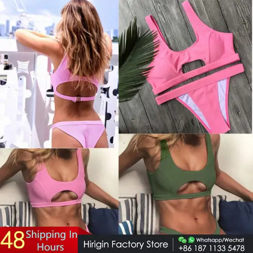 2018 комплект женского бикини с вырезами купальники ярко розового и армейского