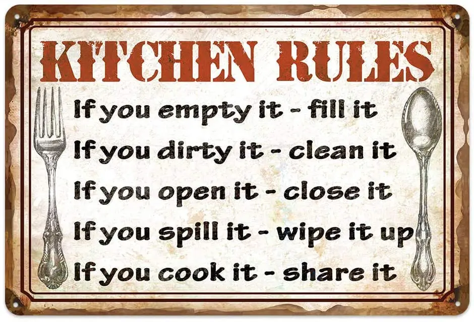 

Original Retro Design Kitchen Rules Tin Metal Wall Art SignsThick Tinplate Wall Decoration Print Poster for Kitchen