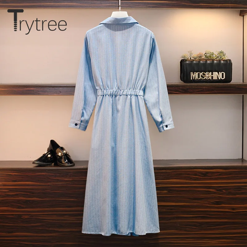 Trytree осеннее женское повседневное полиэфирное платье с отложным воротником