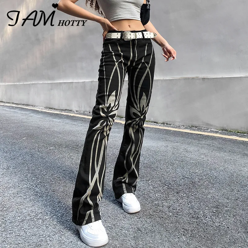 

Floral Print Harajuku Skinny Flared Jeans Women Vintage Black Denim Trousers Korean Fashion Streetwear Casual Jeans New Iamhotty