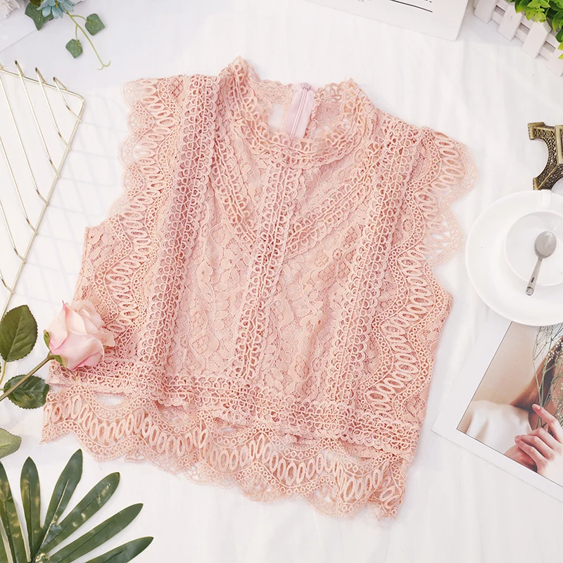 Женский кружевной ажурный жилет свободный облегающий короткий топ без рукавов с