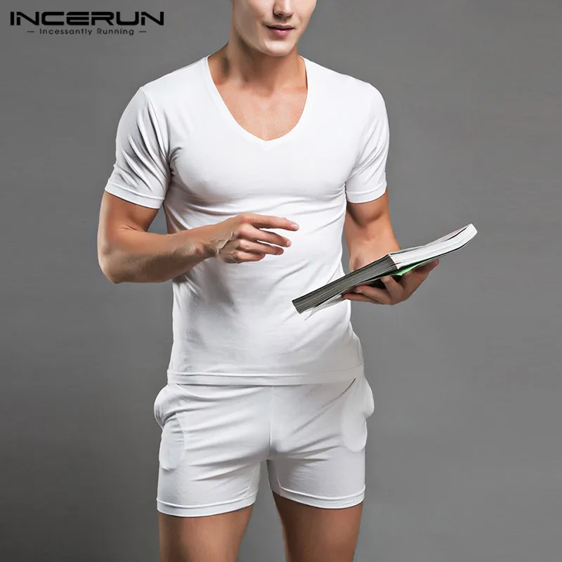 INCERUN Men Pajamas Sets Solid Short Sleeve V Neck Sleepwear Tops Shorts Fitness Leisure Homewear Nightwear Suits Men 2 Pieces