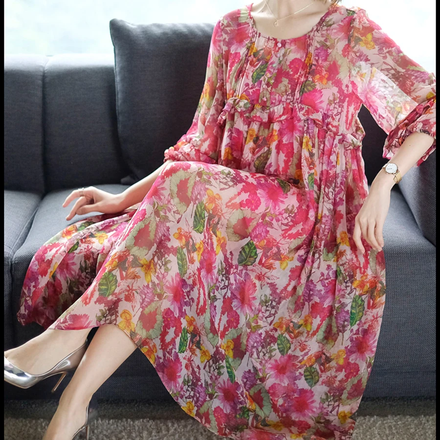 

2021 Korean New Vintage Silk 3XL Plus Size Loose Midi Dresses Summer Print Beach Elegant Maxi Sundress Women Boho Party Vestidos