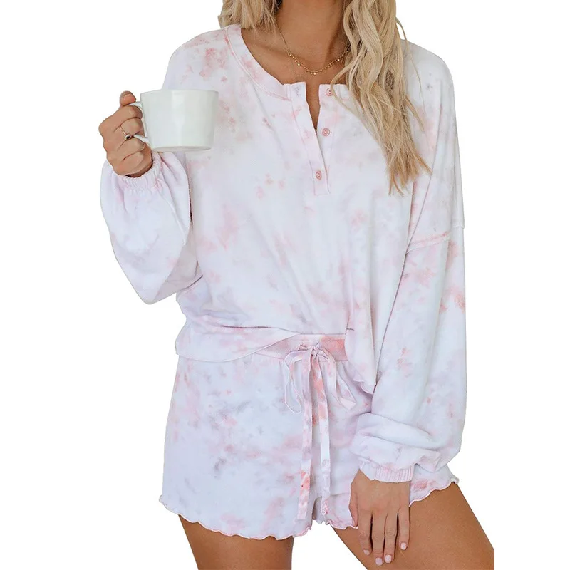New European and American tie-dyed home clothes long sleeve shorts tie-dyed pajamas two-piece set-6