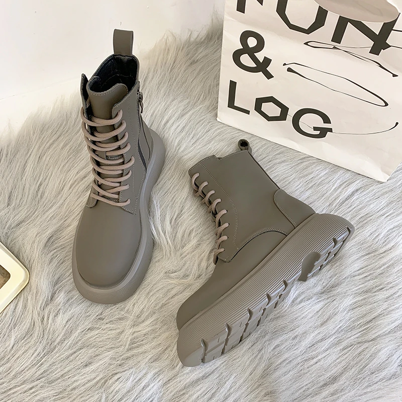 Autumn Boots Women's Shoes Women's Shoes Fashion Round Leather Ankle Boots 2021 New Winter Stretch Gray Boots Comfortable Boots