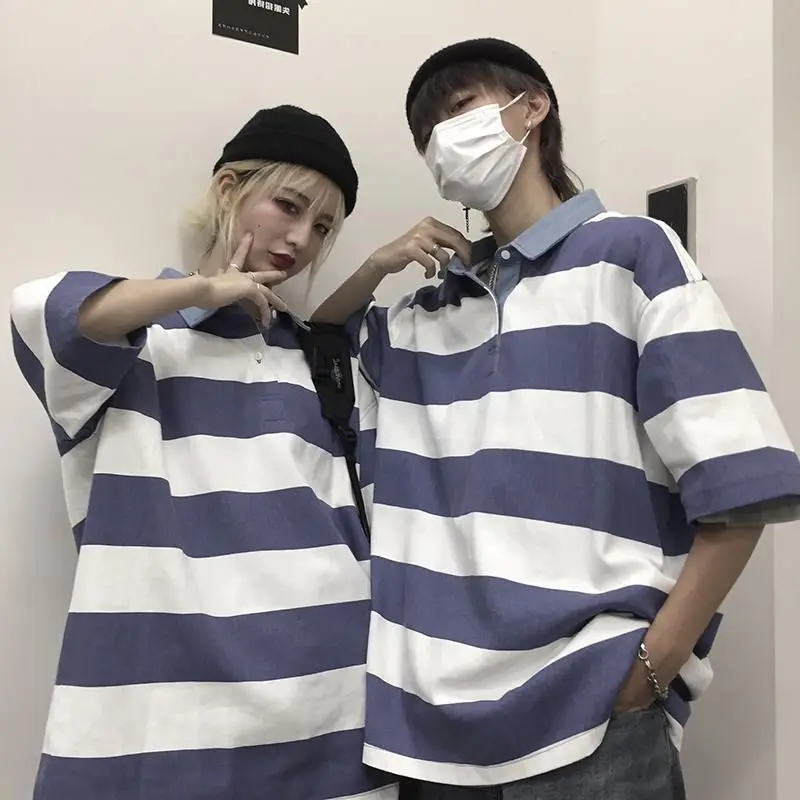 Толстая полосатая рубашка-поло трендовая японская Универсальная футболка-поло в