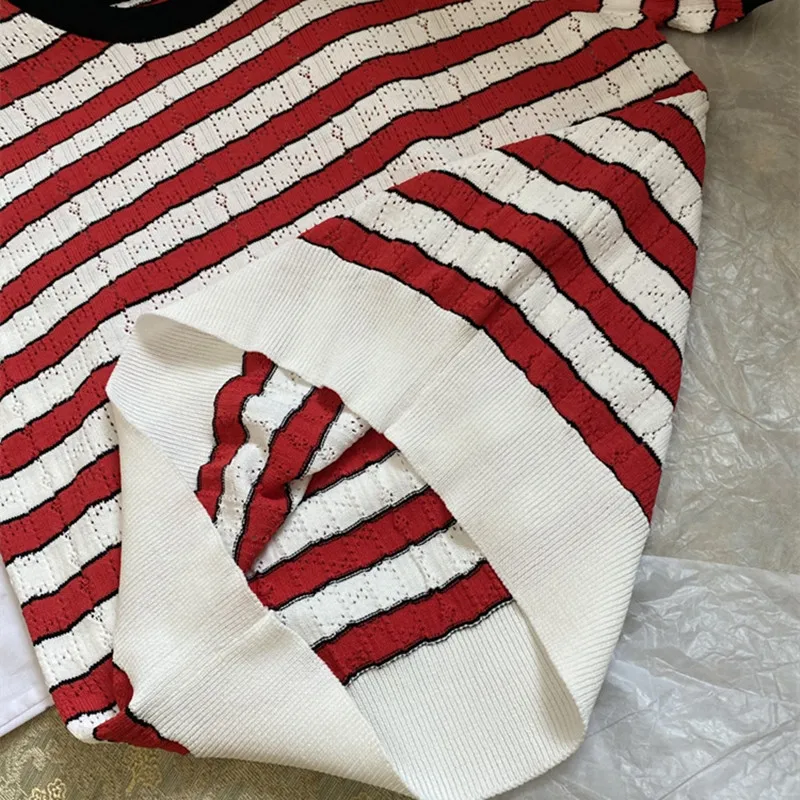 

Summer Ladies New O-Neck Luxury Brand Designs T-Shirt Female Striped Hollow Out Knitting Short Sleeve Tops Casual Loose Tees