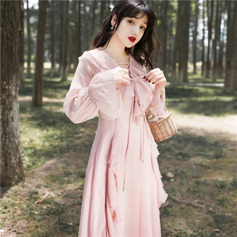 Женское винтажное платье YAMDI boho однотонное розовое элегантное трапециевидной