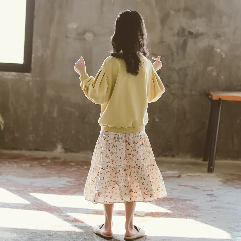

Floral Clothes Suit Spring Autumn Children Clothes Baby Girls Sweatshirts + Dress Kids Teenagers Printing Outwear High Quality
