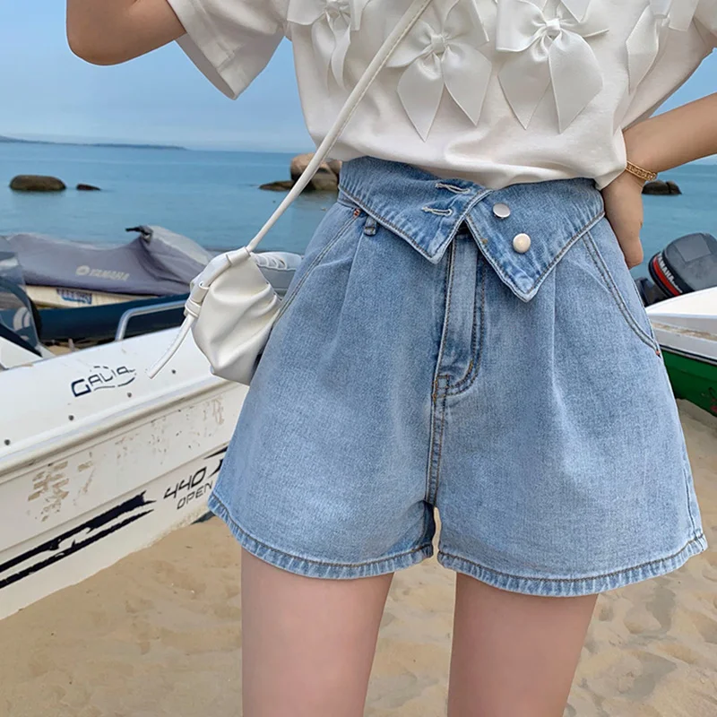 

Ailegogo New Spring Summer Women Light Blue Denim Patchwork Mini Short Ladies Sweet Lapel A-line High Waist Loose Shorts