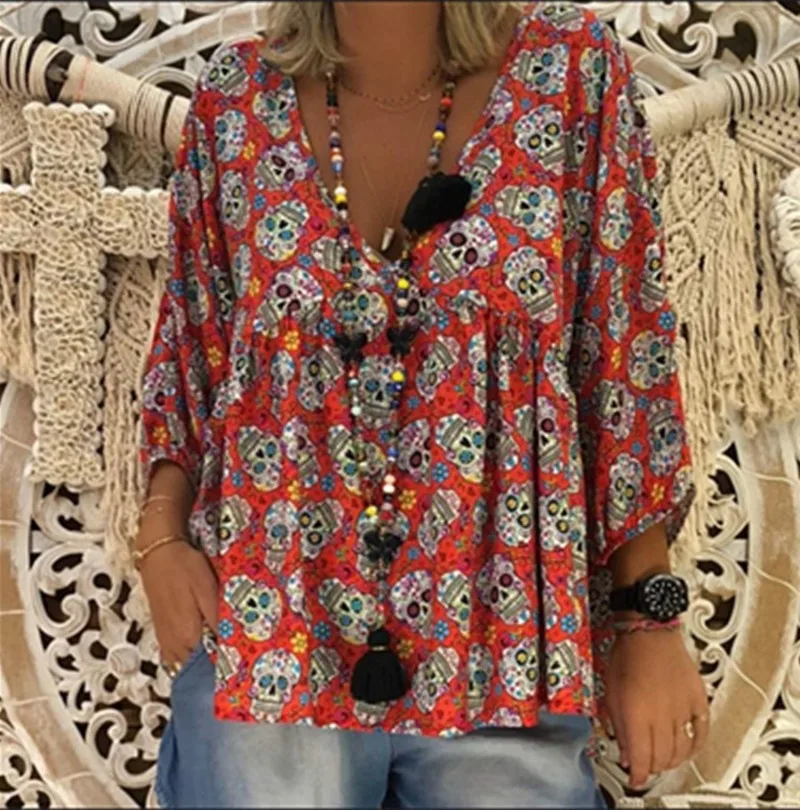 Женская винтажная блузка с V-образным вырезом и принтом черепа | одежда