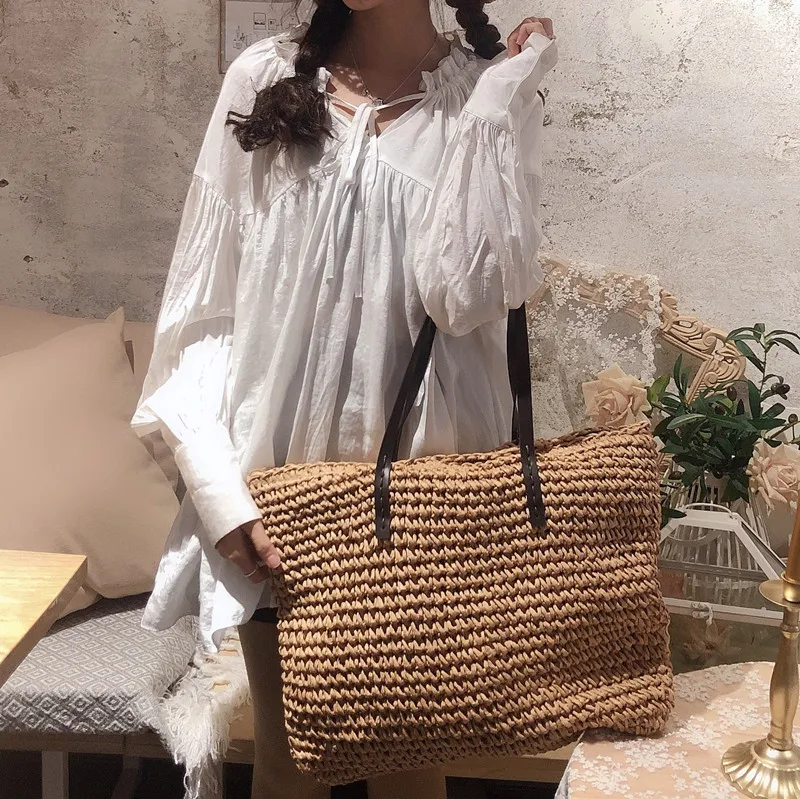 

Women Handbag Summer Beach Bag Rattan Woven Handmade Knitted Straw Large Capacity Totes Leather Women Shoulder Bag Bohemia New