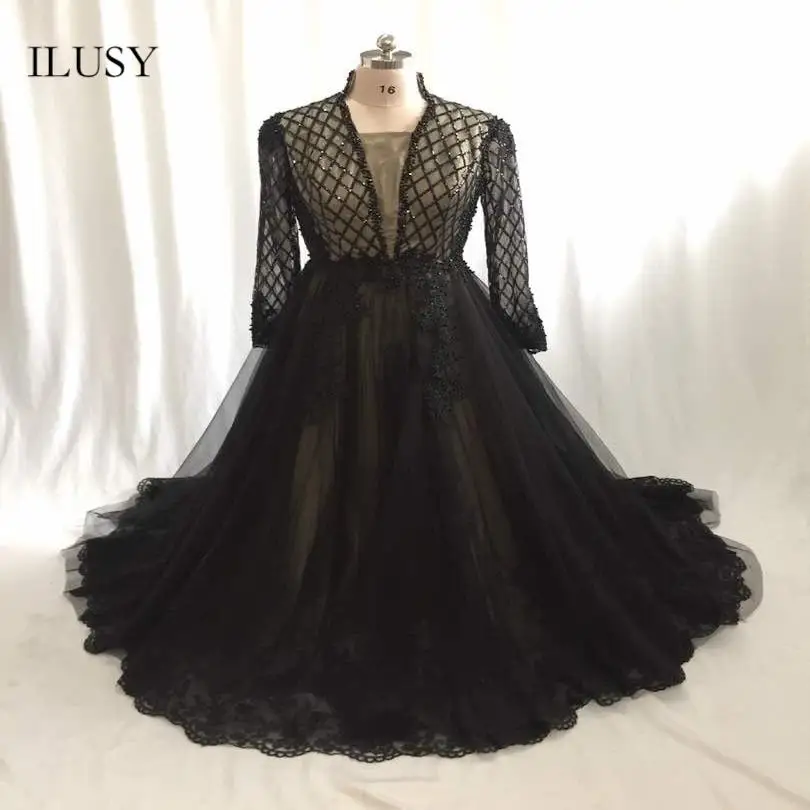 

ILUSY V-Neck Collar Black Pearls A Line Evening Dress Lace Party Elegant Vestido De Festa Saudi Prom Gowns
