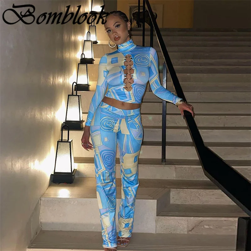 

Bomblook Beach Leisure Vacation Women's Suit Summer 2021 Print Long Sleeve Hollow Out Pencil Pants Set Vetement Femme Streerwear