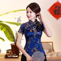 women chinese short sleeve stand collar dragon phoenix print ethnic blouse shirt