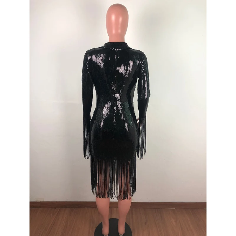 

Elegant Sequin Tassel Dress Long Sleeve Turn Down Collar Slinky Bodycon Dress Women Party Clubwear Vestidos Christmas Dress