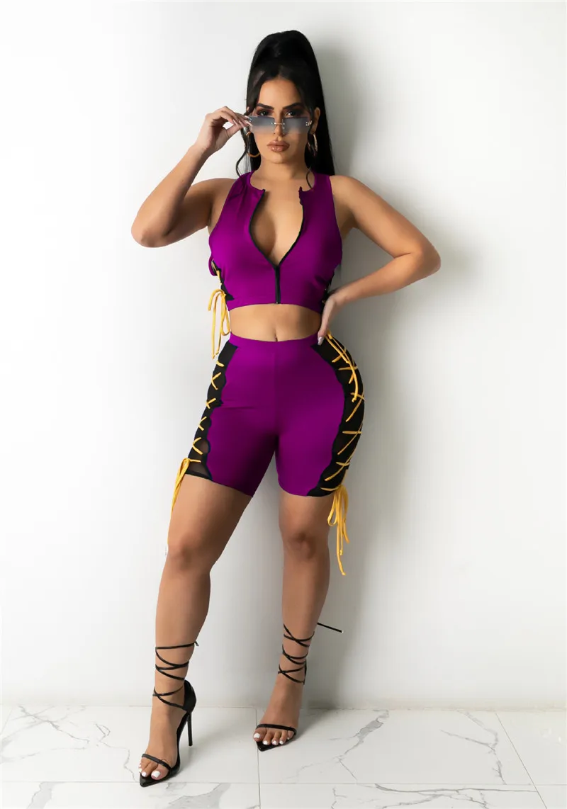 

Zoctuo Sleeveless Crop Top Short Set For Women Lace Up Bow Slim Mesh Two Piece Sets Summer Casual Womens Skinny Two Piece Outfit