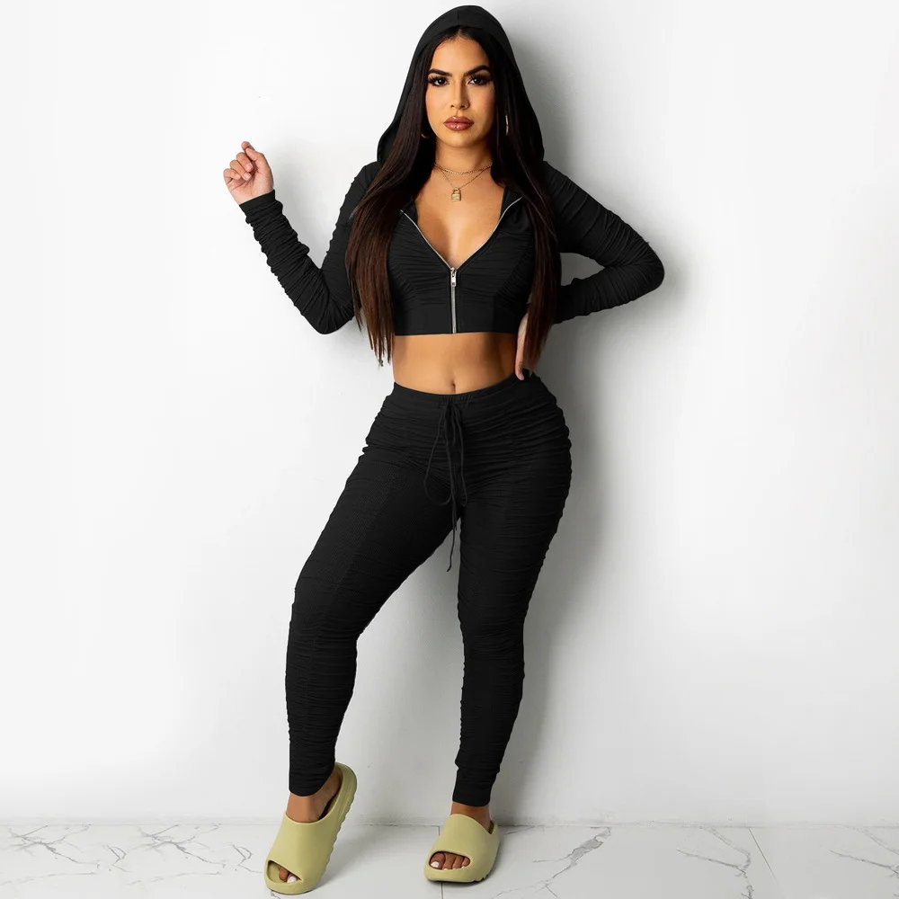 

Y2K Plain Color Casual Two Piece Pant Sets Women Hooded Zipper Long Sleeve Crop Top and Drawstring Ruched Pencil Pant Streetwear