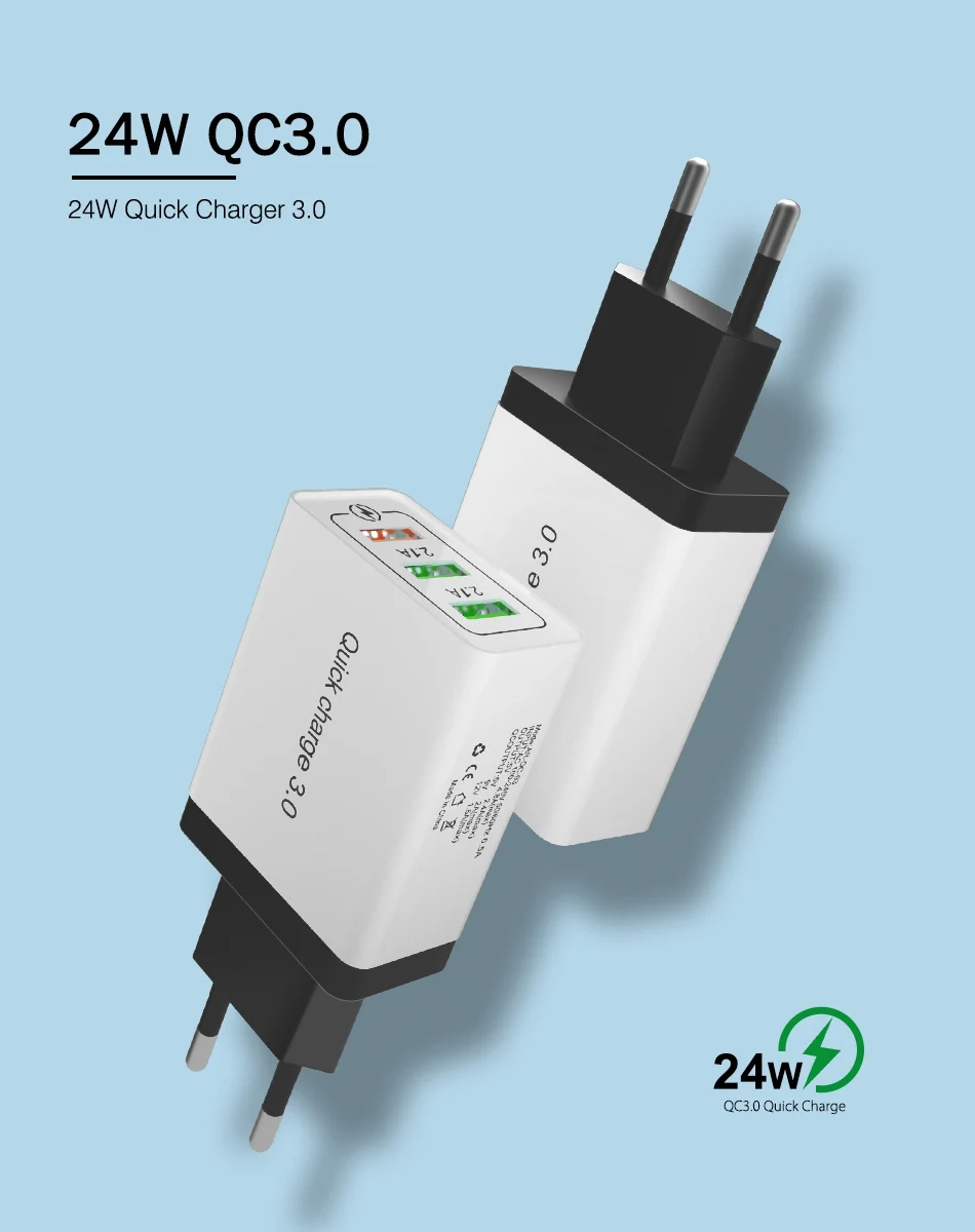 OREY 24 Вт Быстрая зарядка 3,0 быстрое зарядное устройство для samsung S10 3 порта USB зарядное устройство для huawei mate 20 QC 3,0 зарядное устройство адаптер