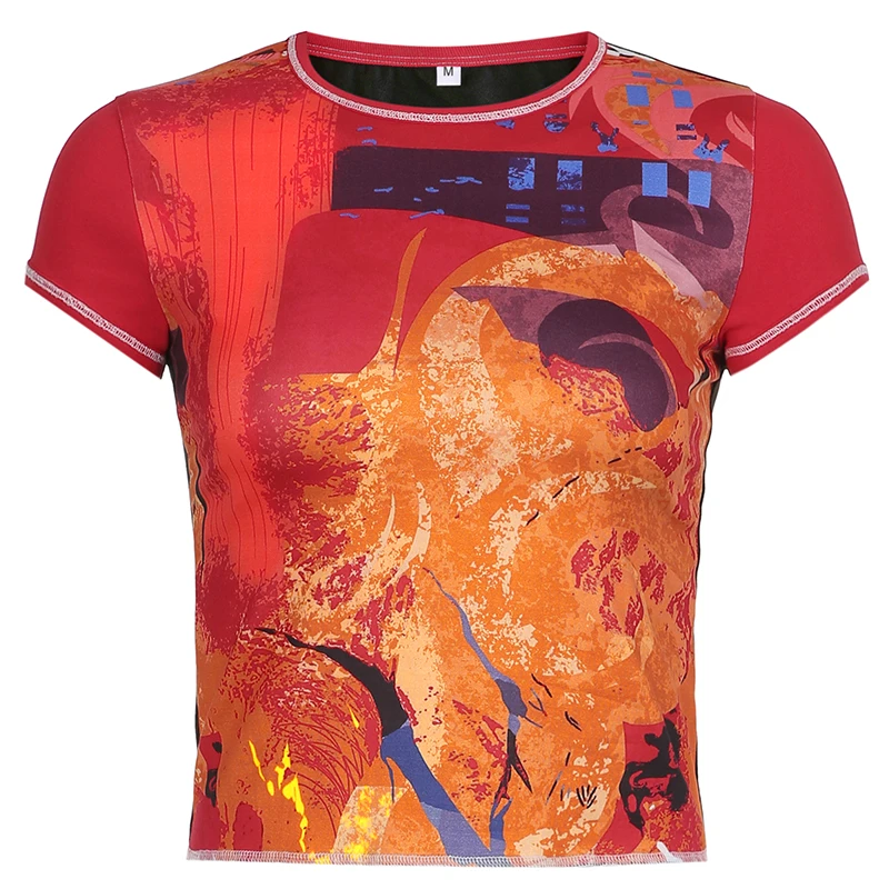 

Casual Printed Slim T Shirt 2021 Fashion Streetwear Holiday Women Aesthetic Y2K Basic Short Sleevetees O-Neck Summer Top Ladies