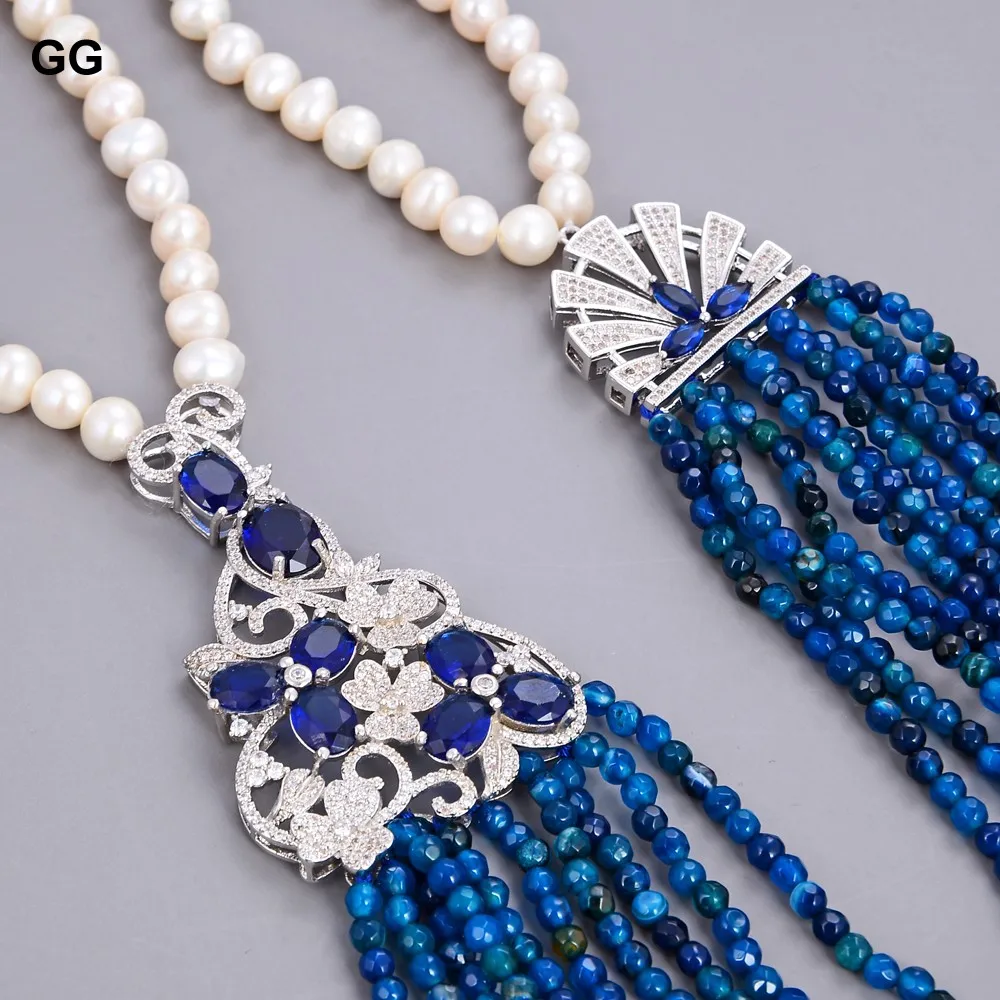 GG ювелирные изделия 31 &quotбелый жемчуг синий агат ожерелье CZ кулон|blue necklace|cz pendantpearl