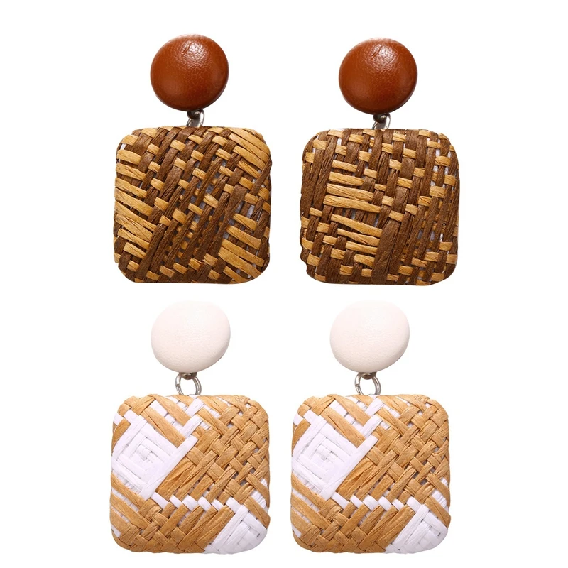 2 Pair Handmade Bohemian Wooden Rattan Wicker Straw Drop Earrings for Women Vintage Bamboo Statement Beige &amp Cam | Украшения и