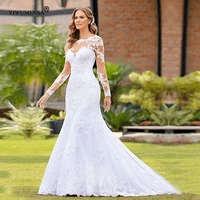 vestidos de novia mermaid long sleeves wedding dress see through tulle lace appliques bridal gown custom made robe marriage a26