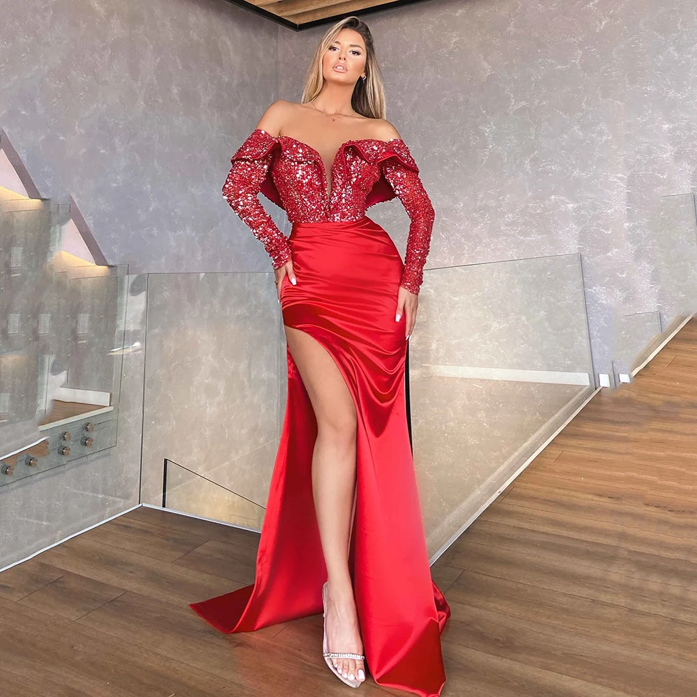 Yipeisha – robe de soirée de forme sirène, asymétrique, épaule dénudée, à manches longues, délicat, perlée, bleu ciel  (0)