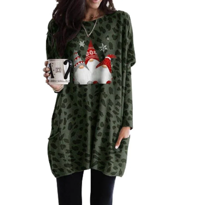 

2021 Fall Winter Christmas Long Leopard Print Long Sleeve Irregular Printed Loose Ladies Dress