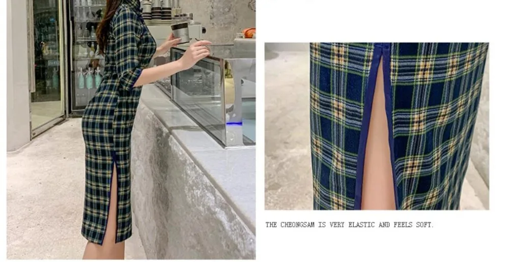Осень китайский cheongsam qipao женское сексуальное платье с разрезом Женская традиционная одежда винтажная клетчатая qipao красный синий 3XL