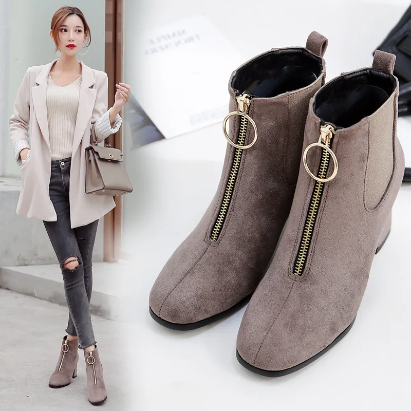 Обувь женские ботинки ботильоны из флиса на квадратном каблуке 7 см с квадратным