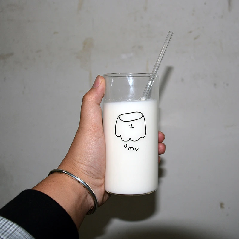 400ml Korean Printed Transparent Glass Coffee Tea Drinks Dessert Breakfast Cup Small Fresh Milk Juice Cold Water With Straw | Дом и сад