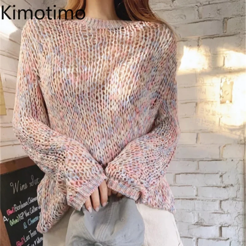 

Осенние свитера Kimotimo Ins для женщин, милые вязаные топы с круглым вырезом и вырезами, свитер, корейский модный универсальный пуловер с длинны...