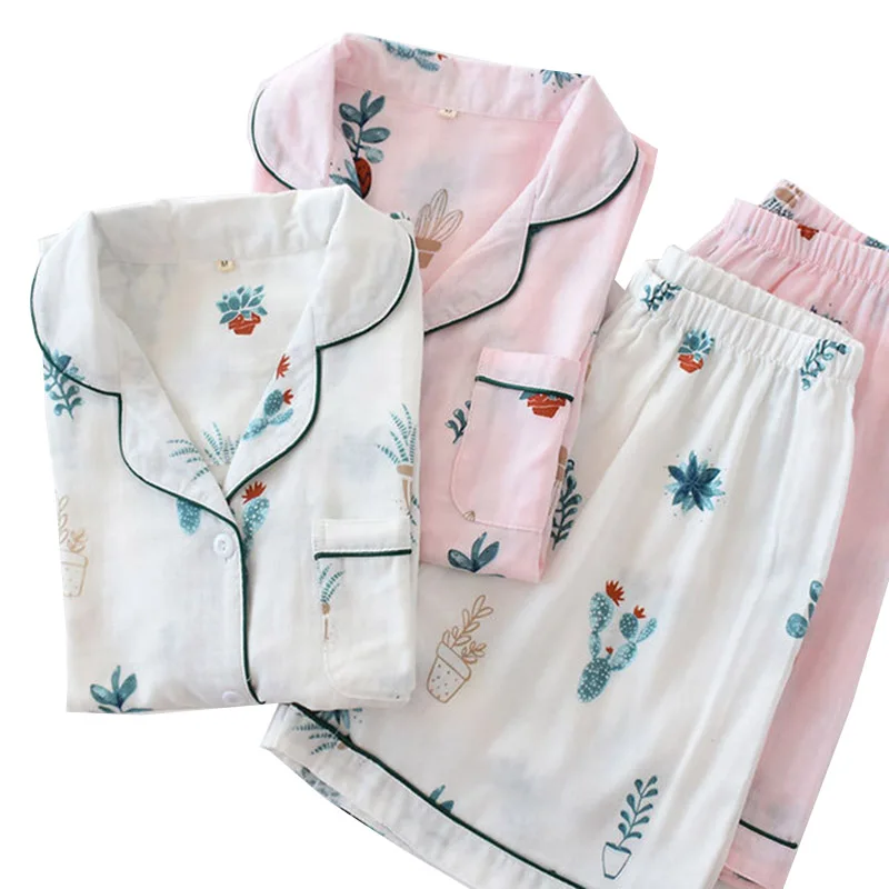 

Gauze Cotton Ladies Cartoon Floral Print Turn-Down Collar Pajamas Set Ladies Soft Thin Women 2Pcs Household Sleepwear For Summer