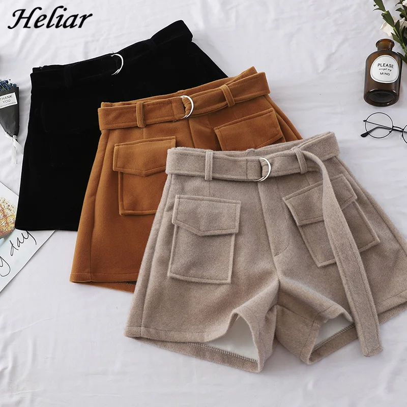 Шорты Зимние шерстяные женские с широкими штанинами и высокой талией|Женские