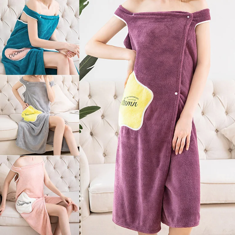 

Women Quick Dry Wearable Microfiber Plush Bathrobes Thick Super Absorbent Cute Adult Bathing Bath Skirt @LS