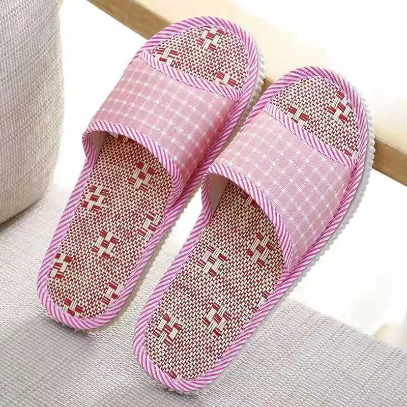 

2021 European and OK American ladies floral fresh straw mat linen indoor slippers 1774