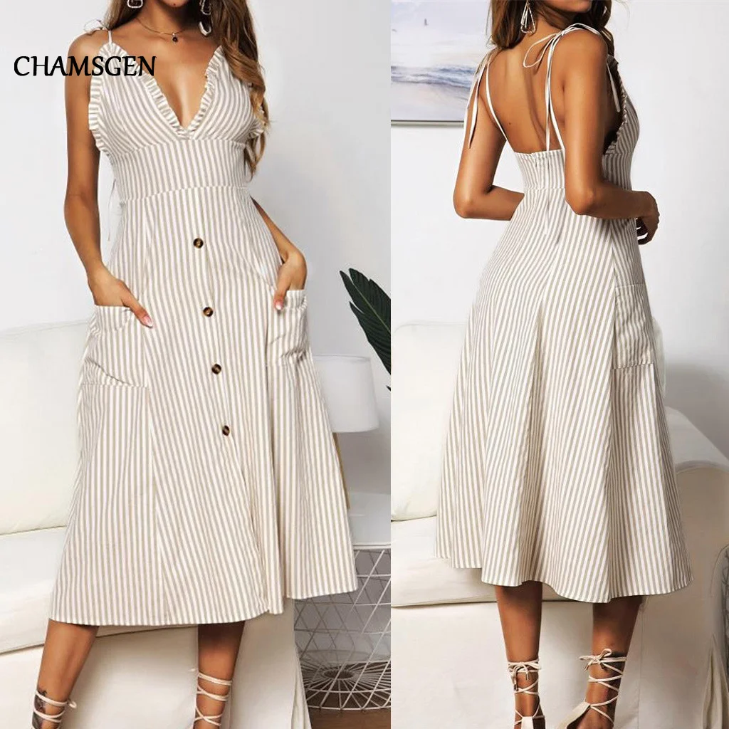 Женское богемное платье на бретельках CHAMSGEND летнее средней длины с v-образным