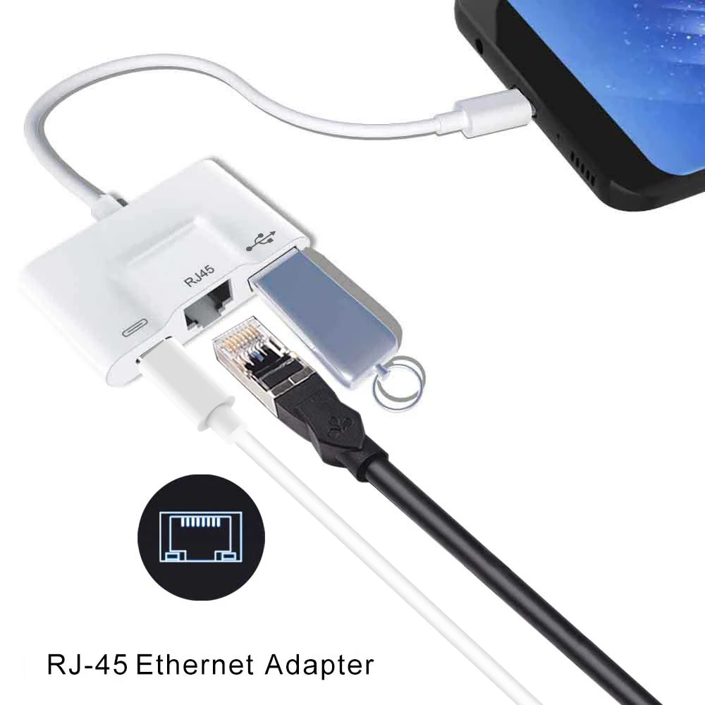 

RJ45 Ethernet to Type c cable adapter, Rosyclo 3 in 1 LAN wired Gigabit network OTG USB 3 camera card reader cable converter hub