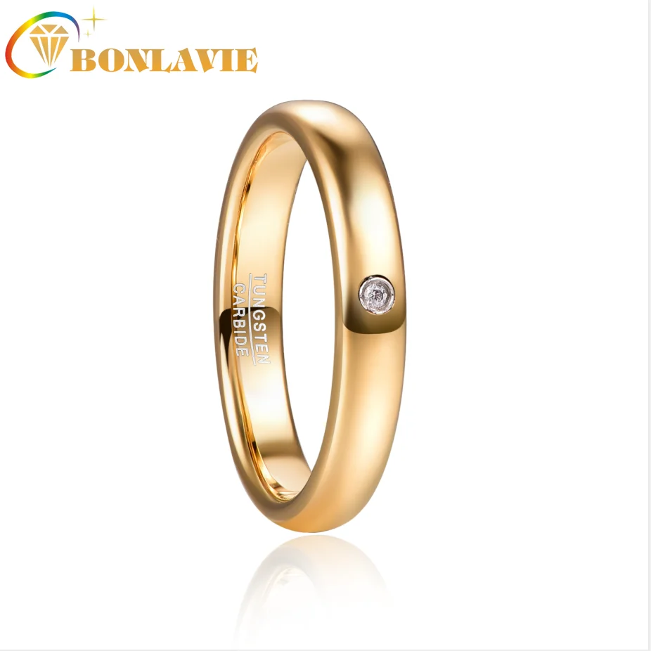 

BONLAVIE 4mm Gold Diamond Dome Tungsten Carbide Ring Wedding Band for Men Women Comfort Fit Rings Engagement Jewelry
