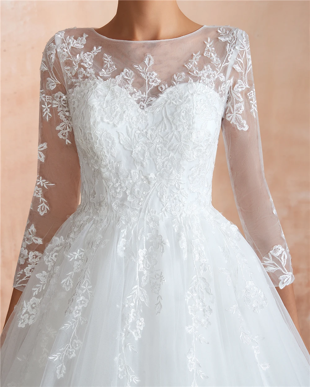 Lanvendia 2020 Chapel Train Lace Applique Wedding Dresses Long Sleeve Tulle Wedding Gowns for Bride Plus Size Robe De Mariee